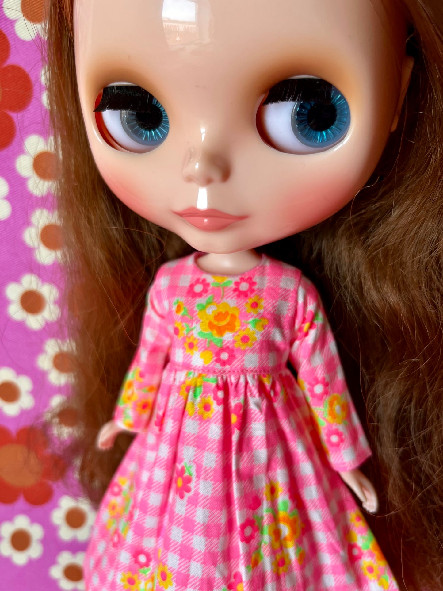Pink Gingham Long Sleeve Dress for Blythe Doll