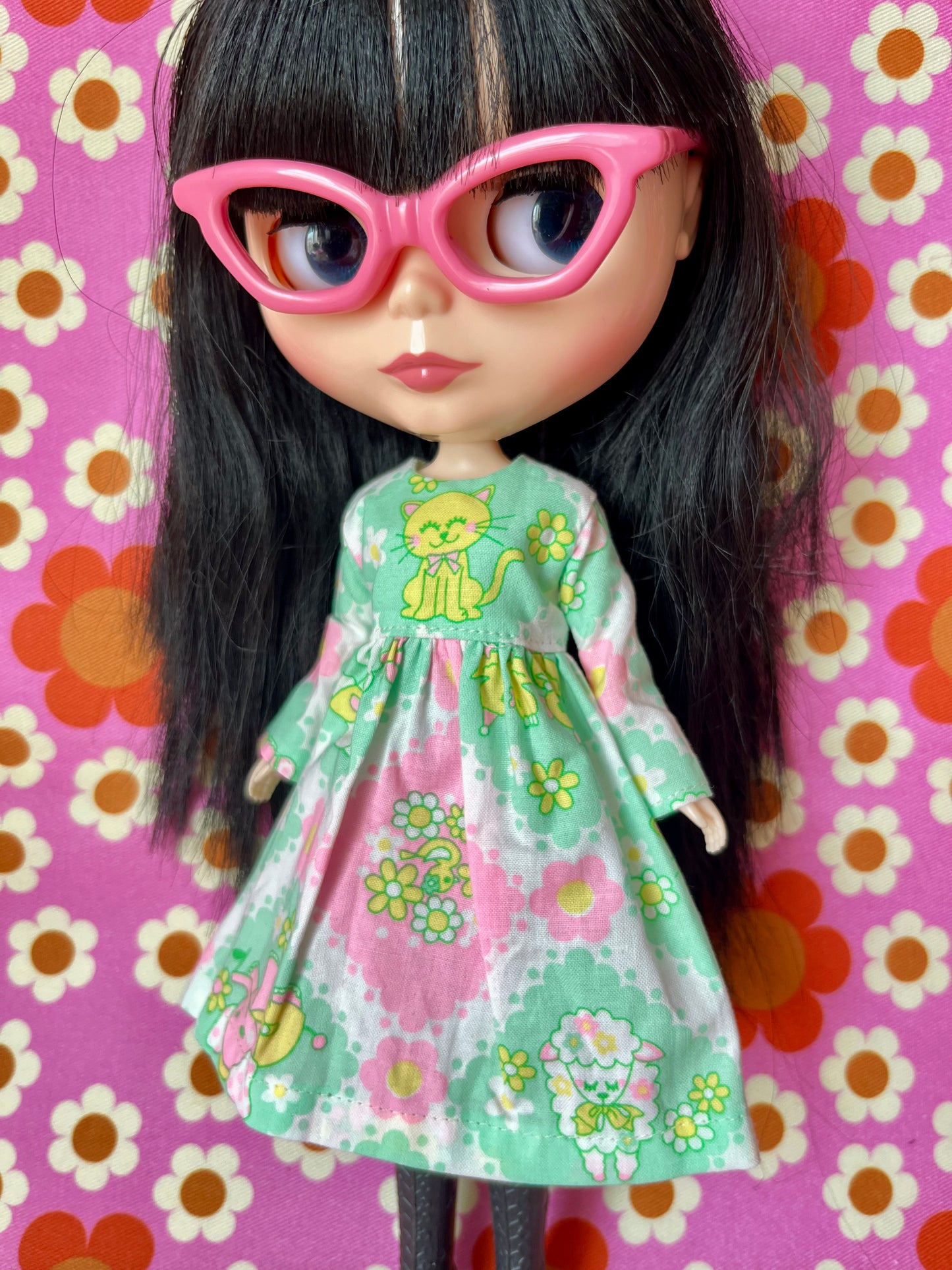 Green Neon Cat Long Sleeve Dress for Blythe Doll