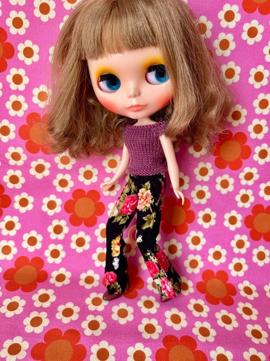 Black Floral Flared Jeans Corduroy Trousers for Blythe Doll