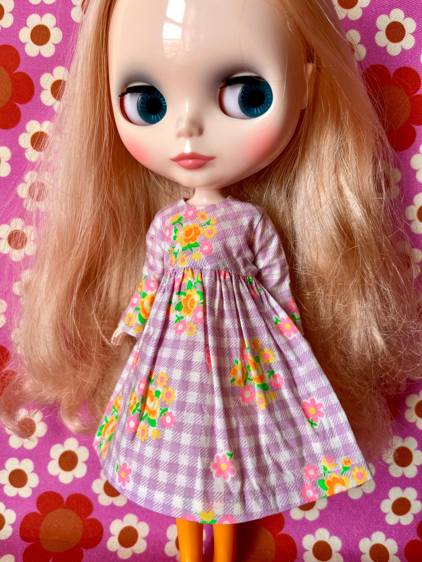 Purple Gingham Long Sleeve Dress for Blythe Doll