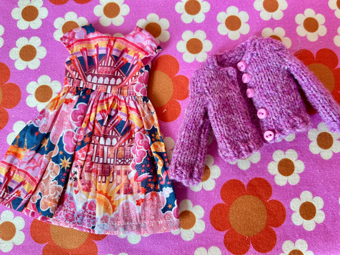Pink Liberty Cap Sleeve Dress & Knitted Cardigan for Blythe Doll
