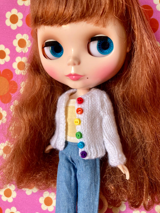 Knitted Cardigan with Rainbow Buttons for Blythe Doll.