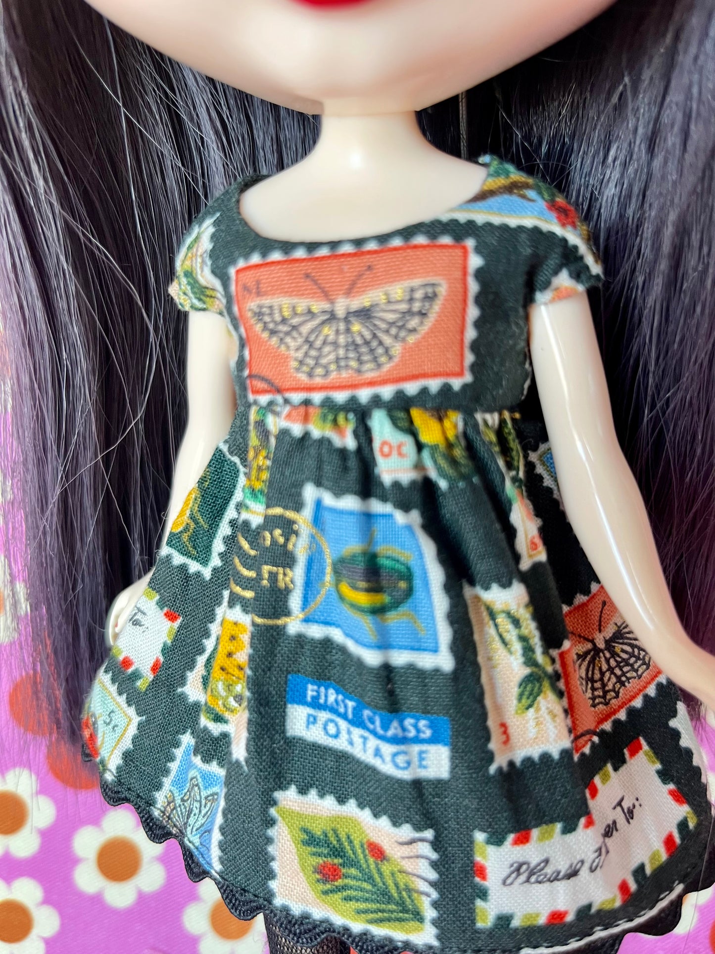Black Postage Stamp Baby Doll Dress for Blythe Doll