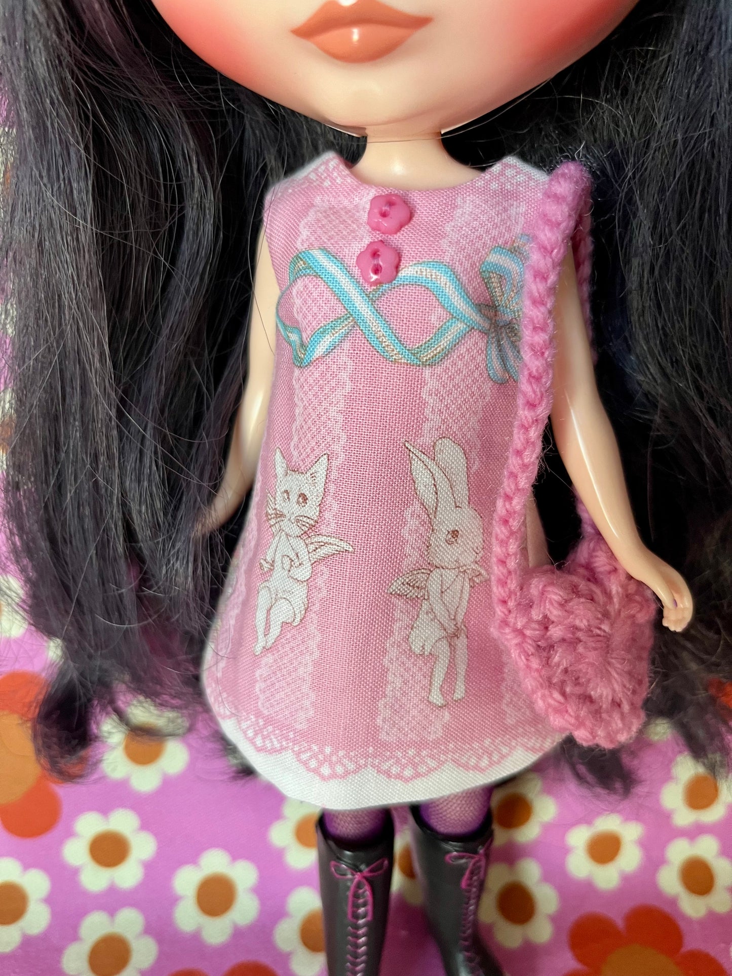 Valentine Pink Joli Fleur Cat & Bunny Sleeveless Shift dress & Bag