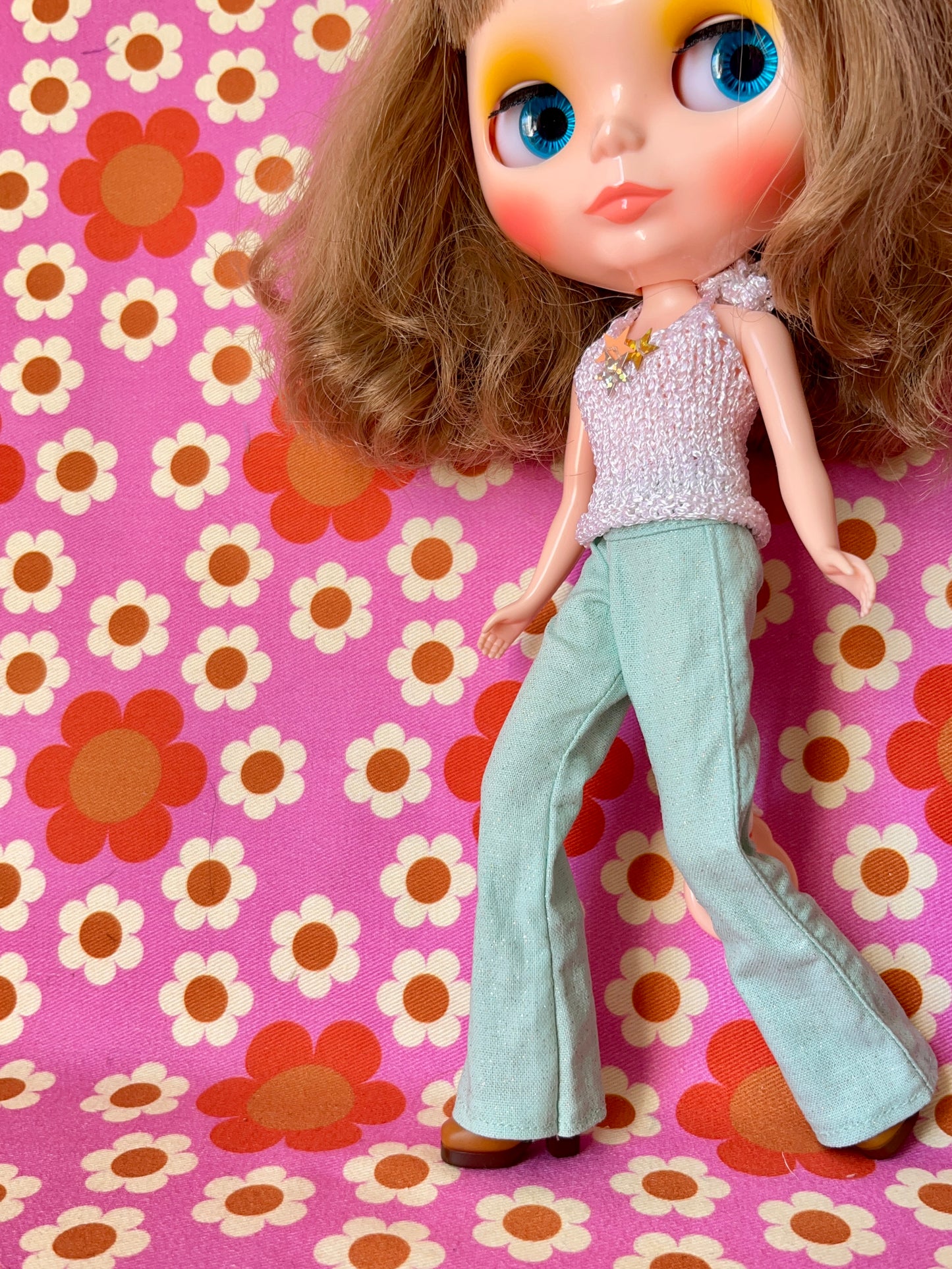 Mint Green Glitter Sparkle Flared Jeans Trousers for Blythe Doll Limited!