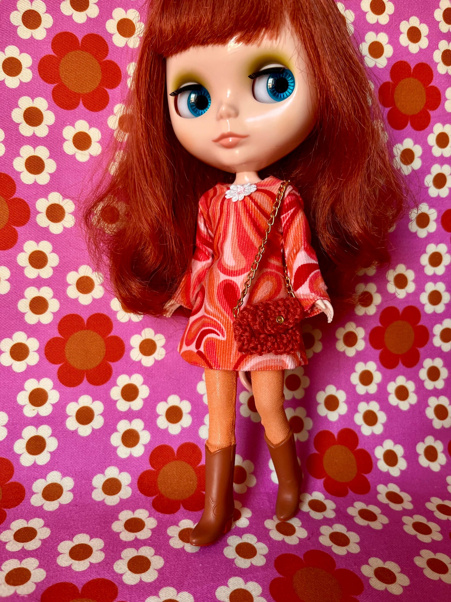 Psychedelic Corduroy Shift dress with sleeves & Bag which opens