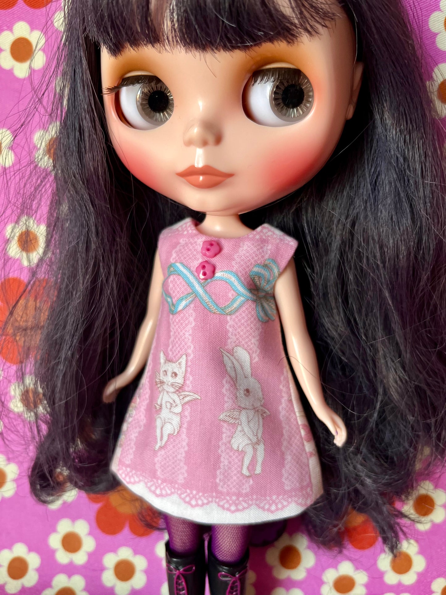 Valentine Pink Joli Fleur Cat & Bunny Sleeveless Shift dress & Bag