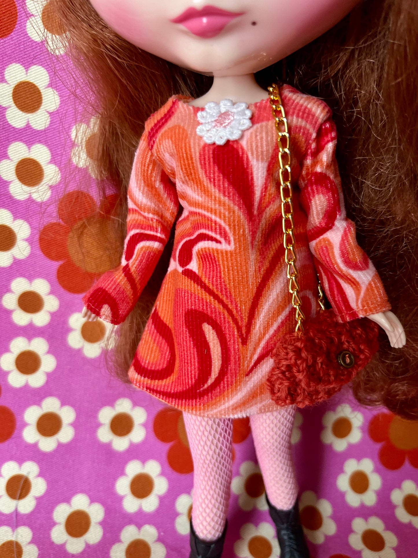 Psychedelic Corduroy Shift dress with sleeves & Bag which opens