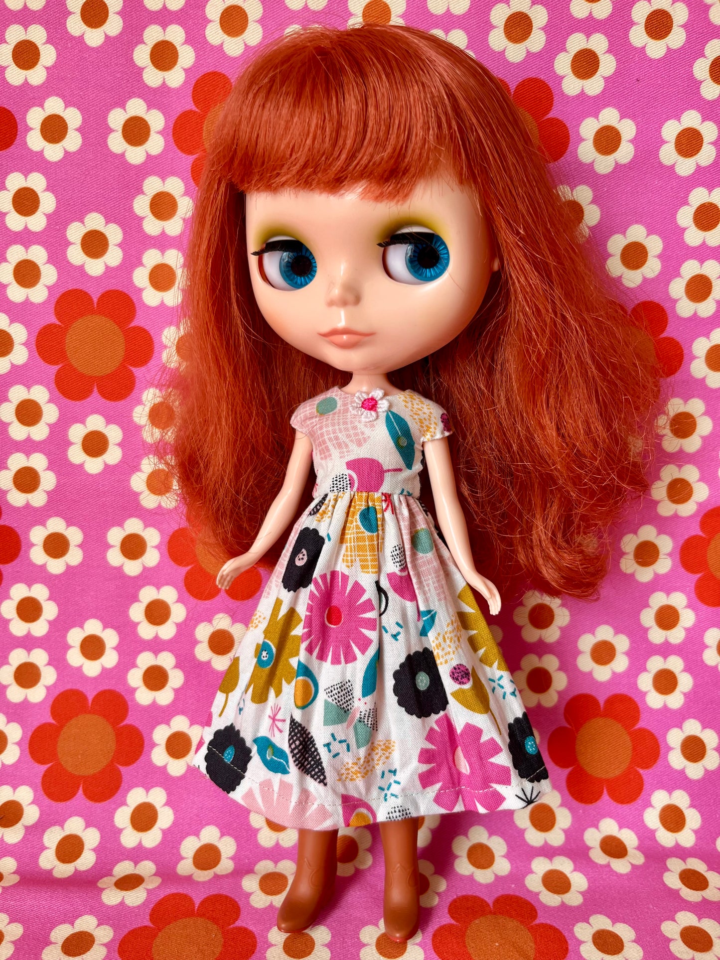50s Flowers Summer Cap Sleeve Dress for Blythe Doll