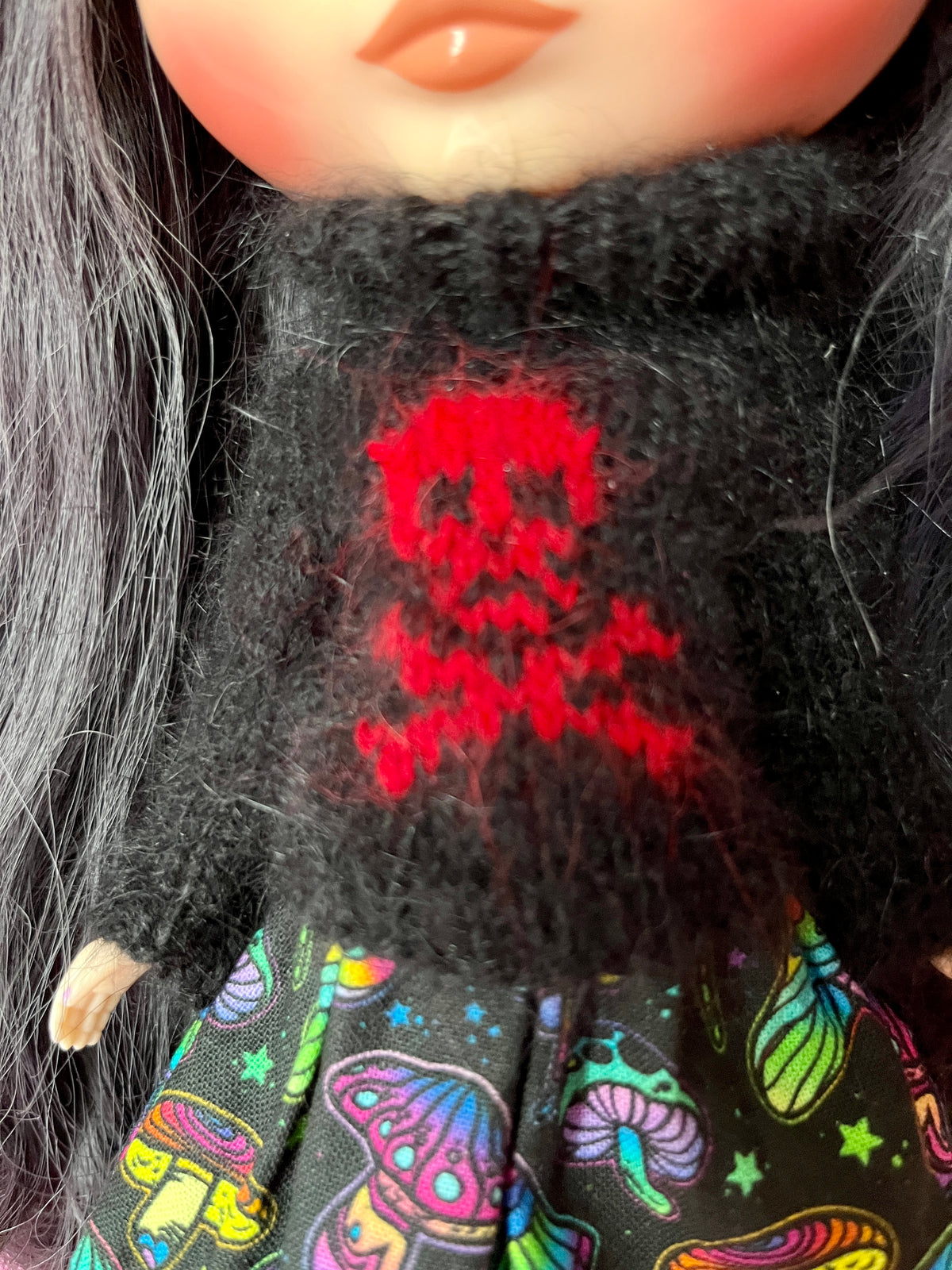 Halloween Fluffy Black Sweater Red Skull