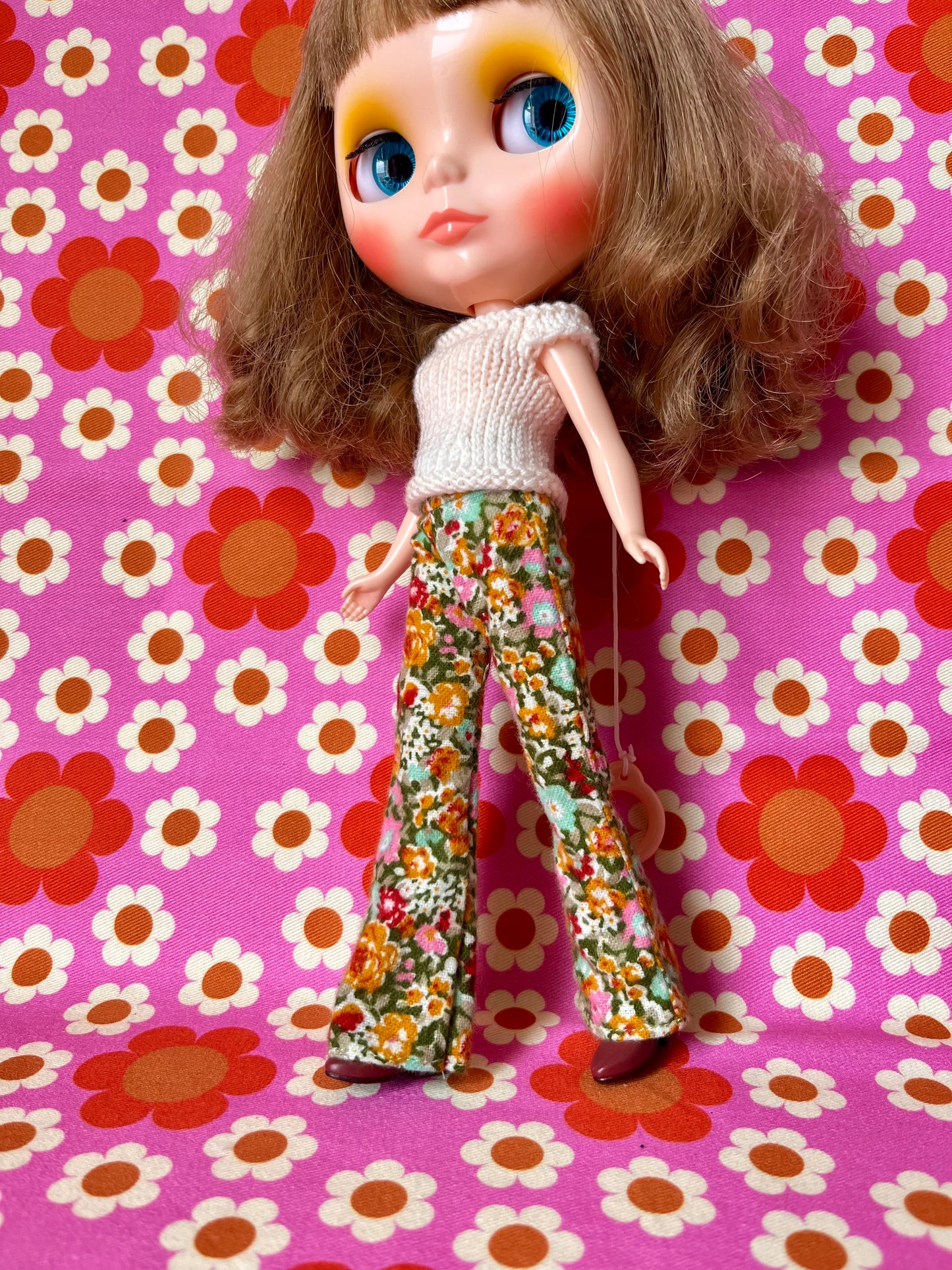 Green floral Flared Jeans Brushed Cotton Trousers for Blythe Doll