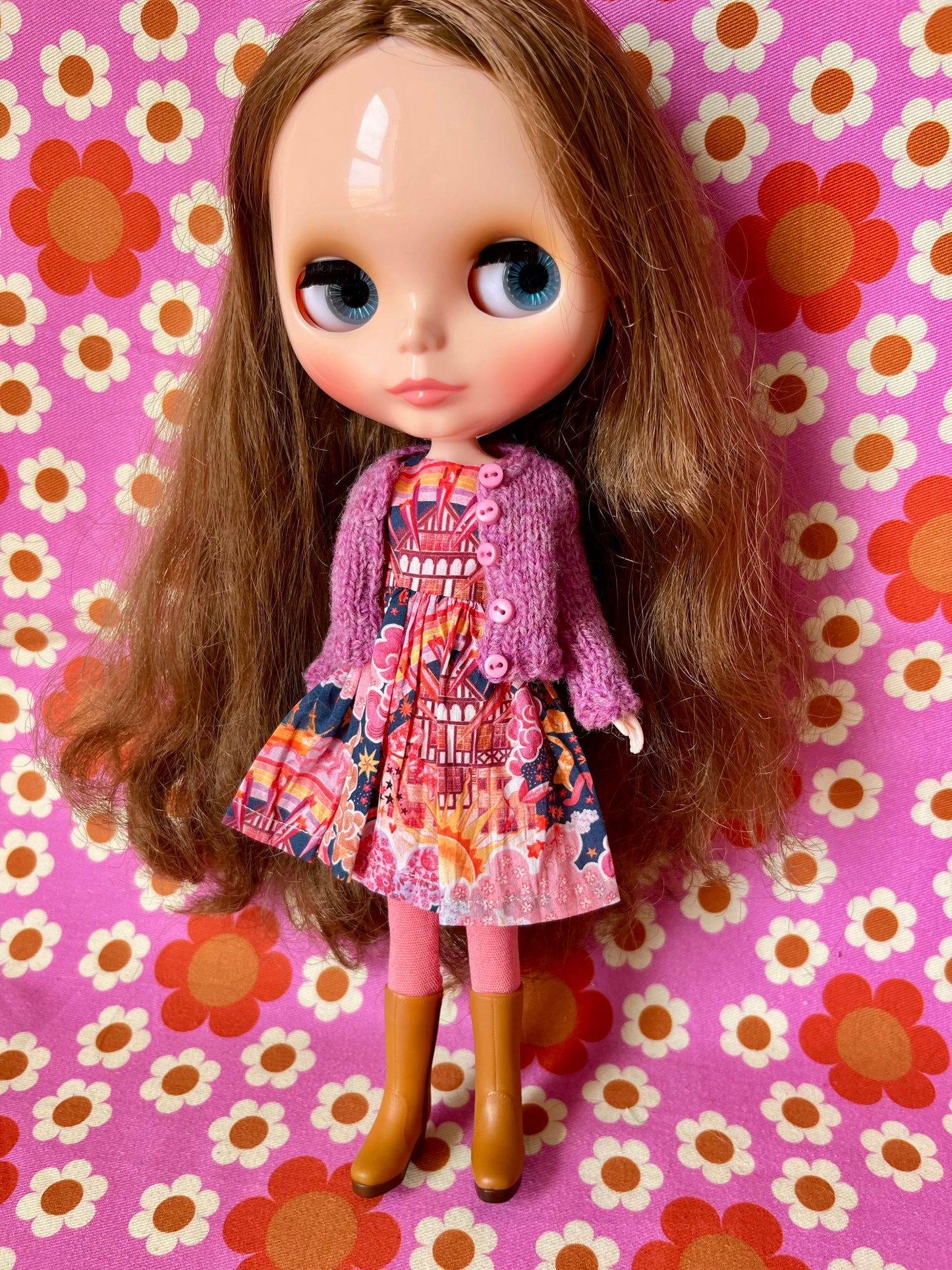 Pink Liberty Cap Sleeve Dress & Knitted Cardigan for Blythe Doll