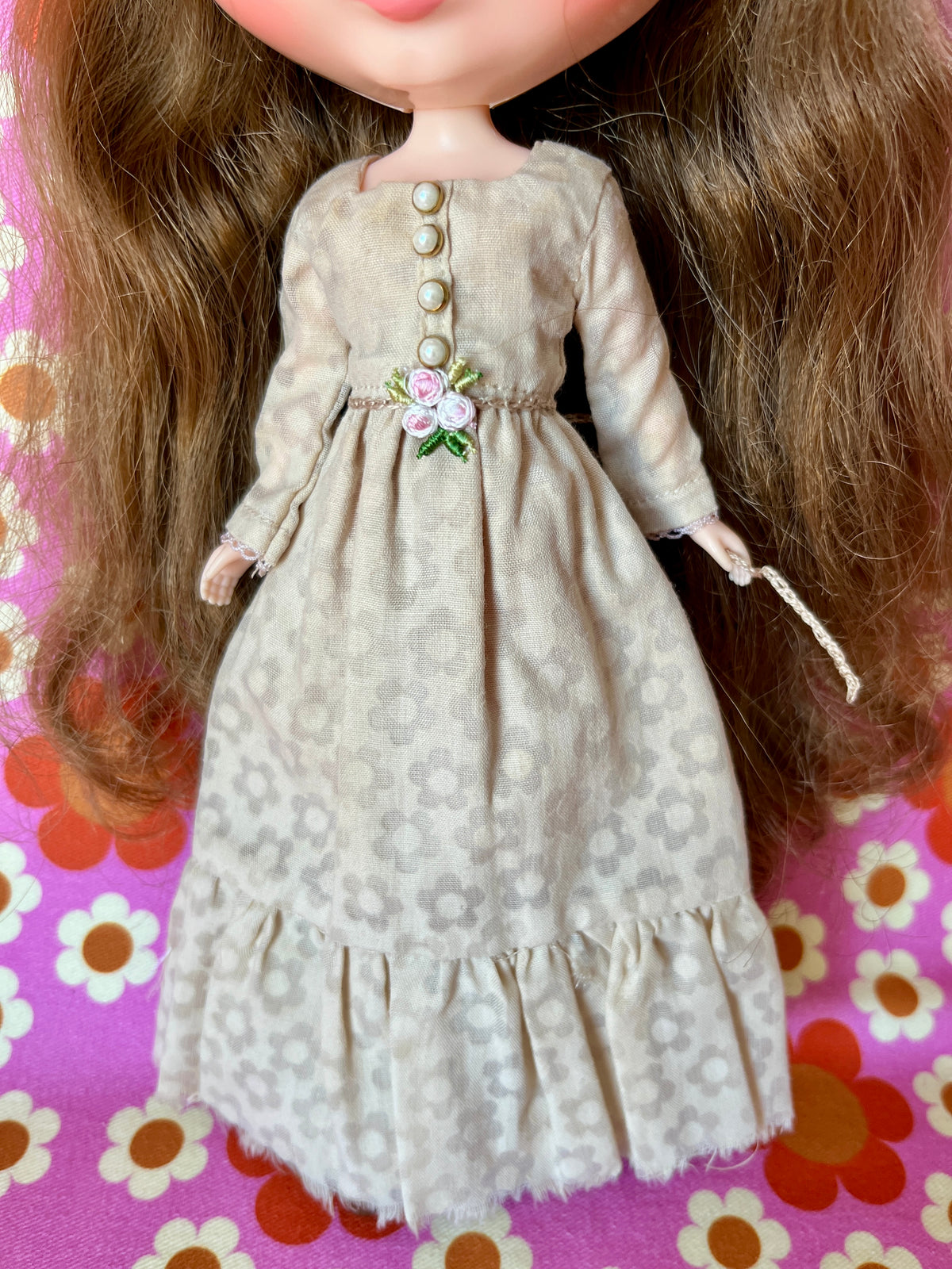 Tea Dyed Long Maypole Folk Dress for Blythe Doll