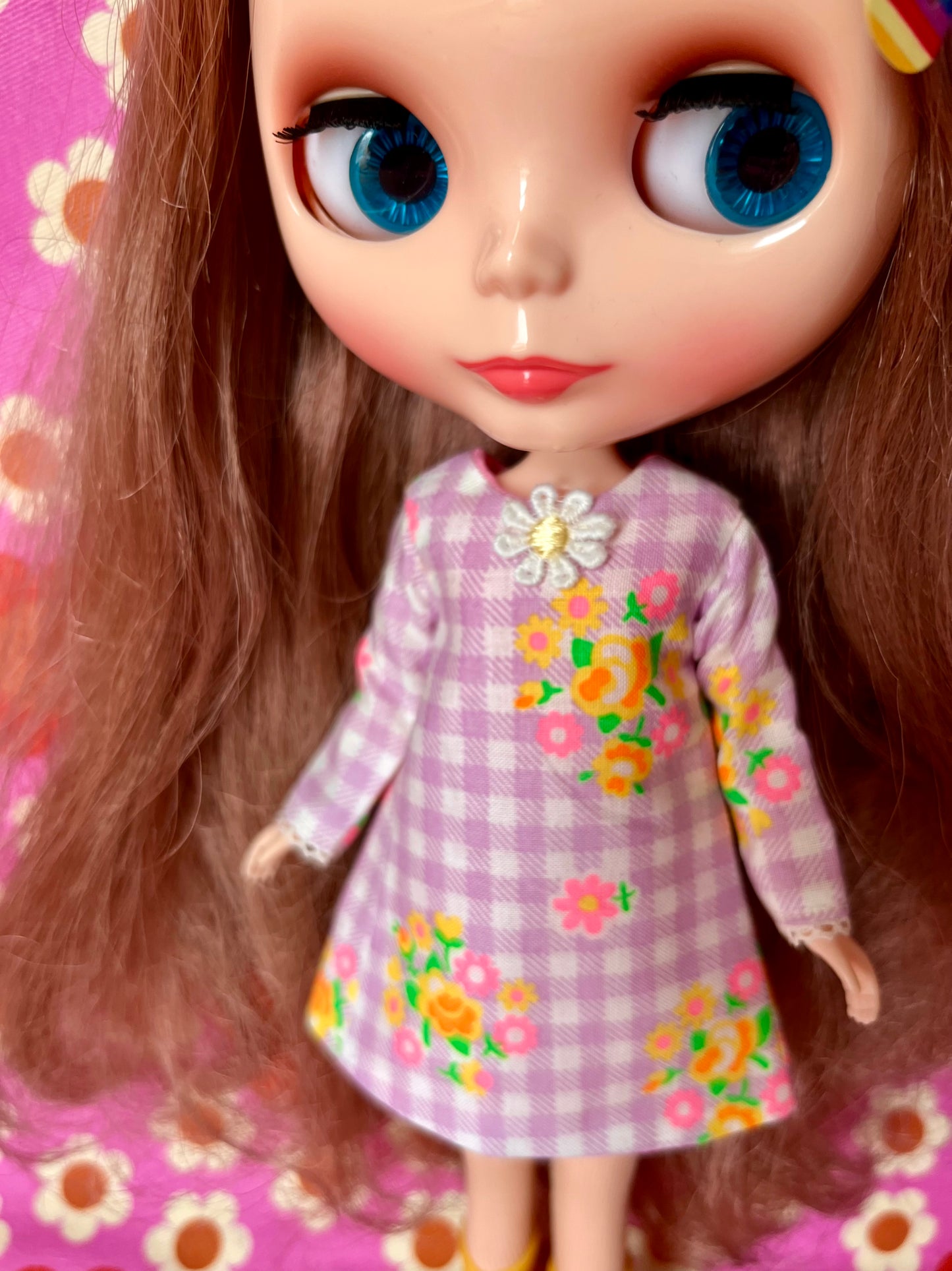 Lilac Neon Gingham Mod Shift dress with sleeves