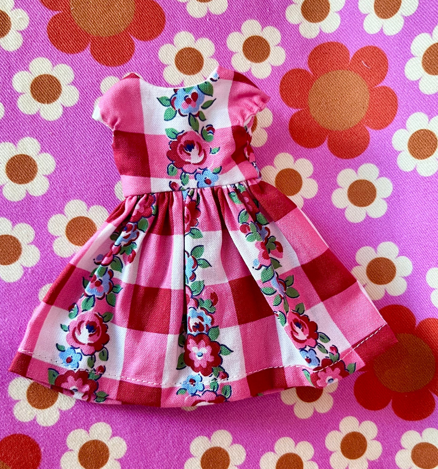 Gingham Floral Stripe Valentine Cap Sleeve Dress for Blythe Doll
