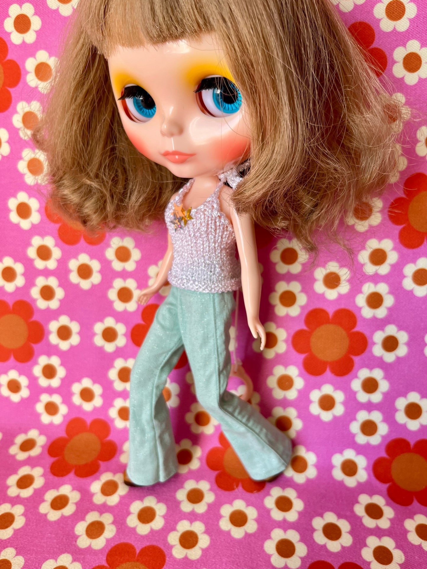 Mint Green Glitter Sparkle Flared Jeans Trousers for Blythe Doll Limited!