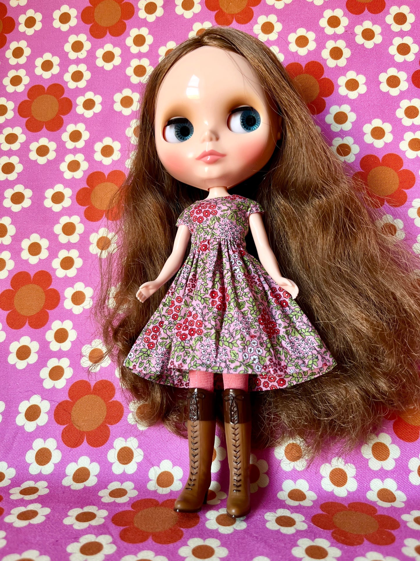 Pink Ditsy Floral Valentine Cap Sleeve Dress for Blythe Doll