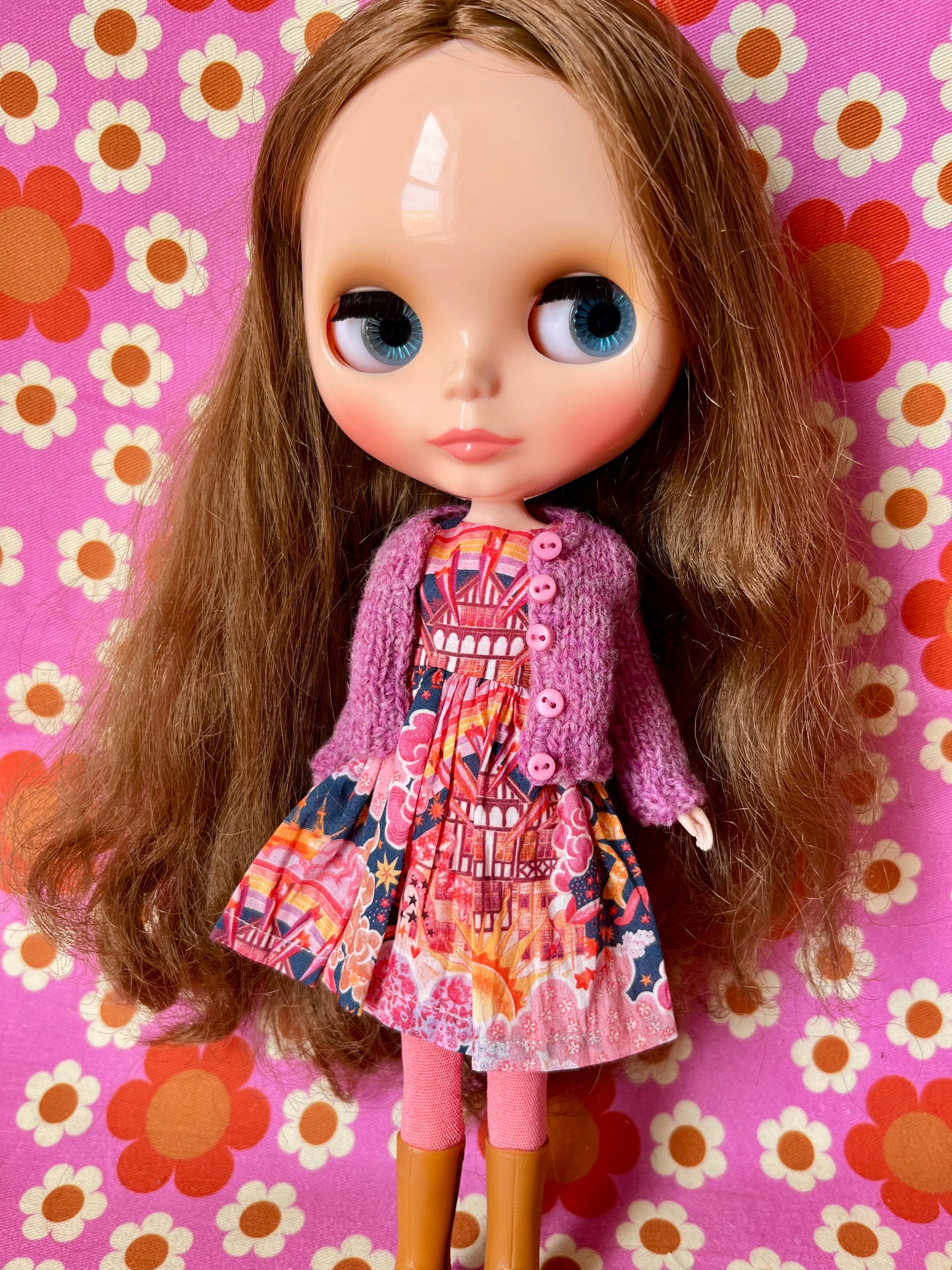 Pink Liberty Cap Sleeve Dress & Knitted Cardigan for Blythe Doll