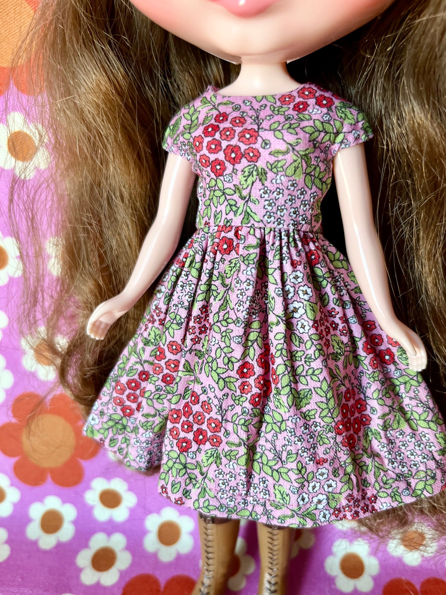 Pink Ditsy Floral Valentine Cap Sleeve Dress for Blythe Doll