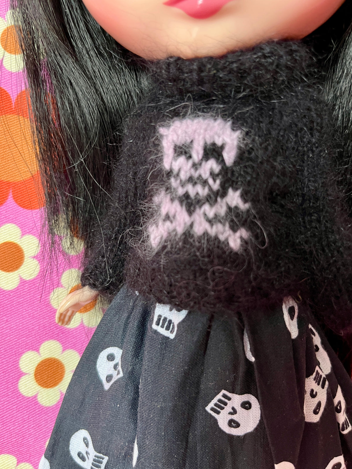 Halloween Fluffy Black Sweater Pink Skull