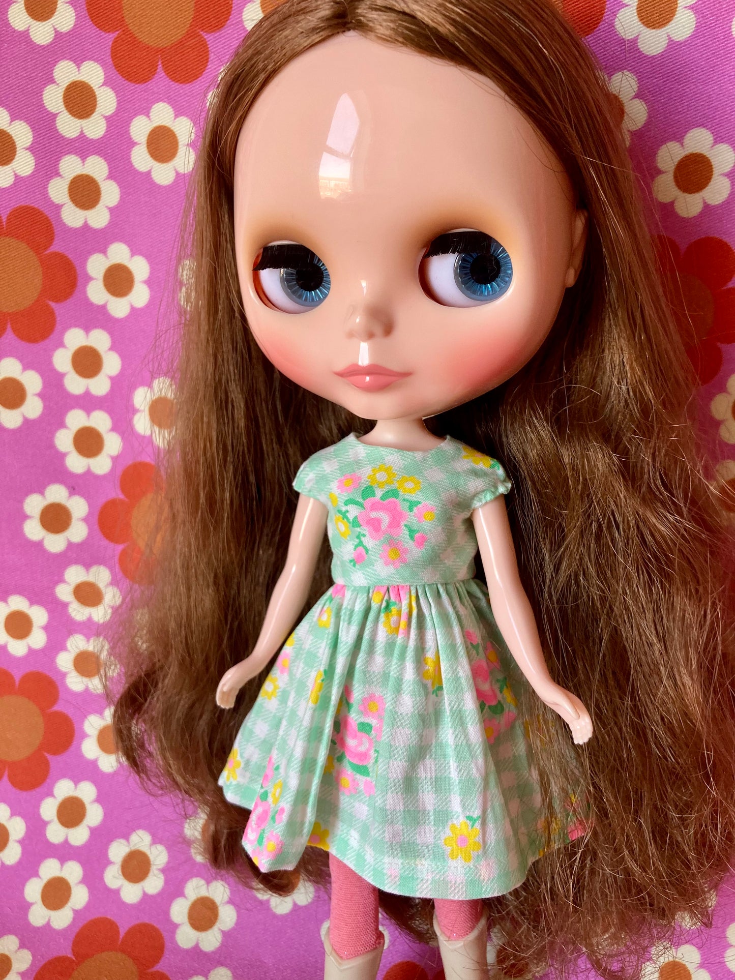 Green Gingham Cap Sleeve Dress for Blythe Doll