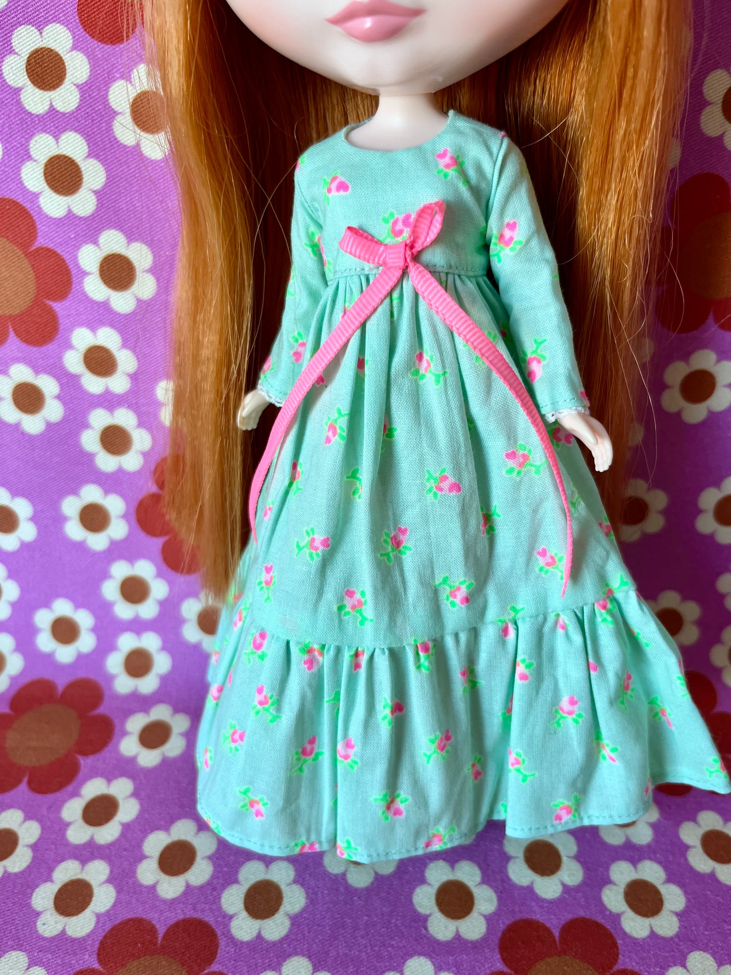 Long Neon Rosebud Print Dress for Blythe Doll