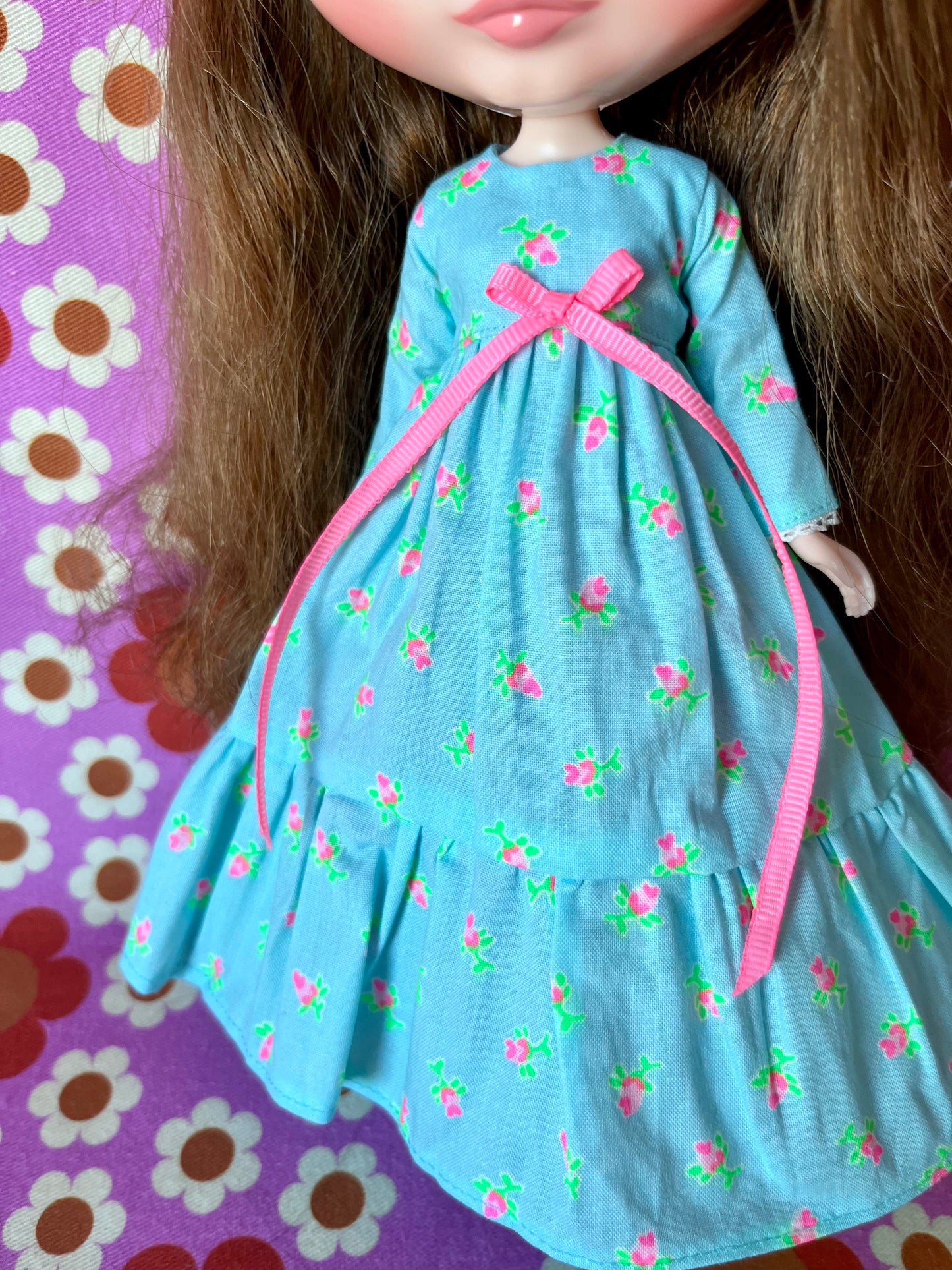 Long Neon Rosebud Print Dress for Blythe Doll