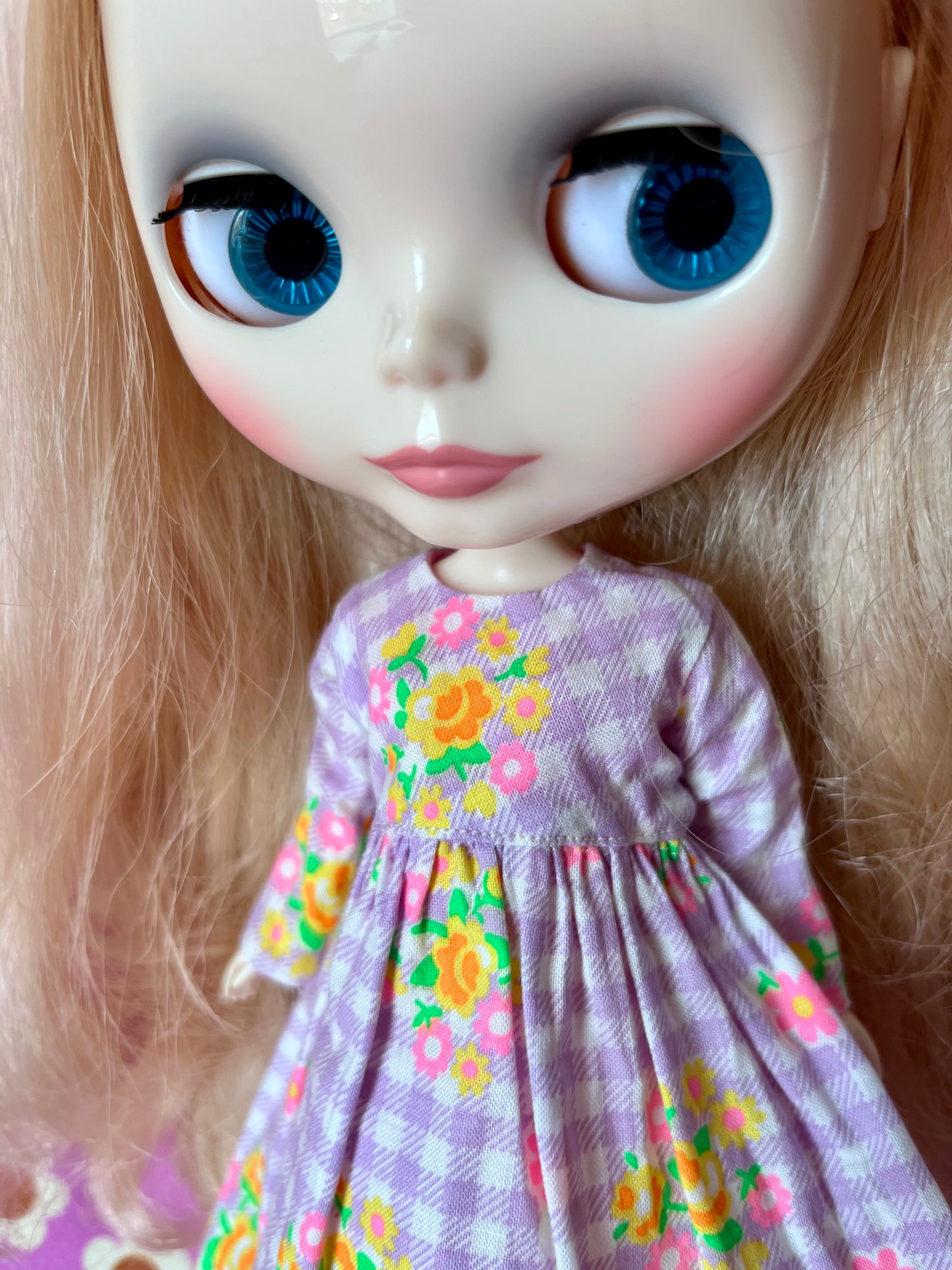 Purple Gingham Long Sleeve Dress for Blythe Doll