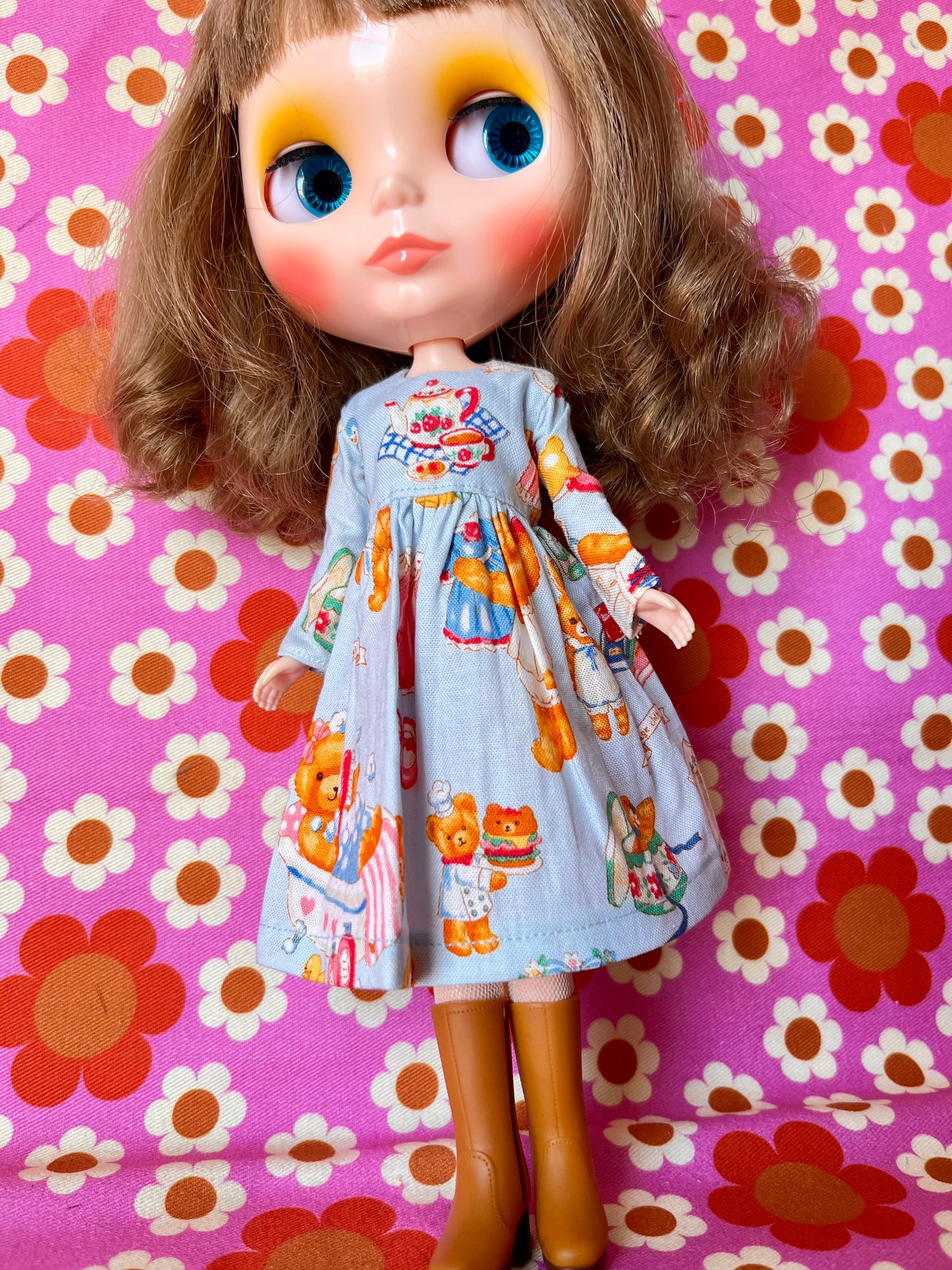 Blue Teddy Picnic Dress for Blythe Doll