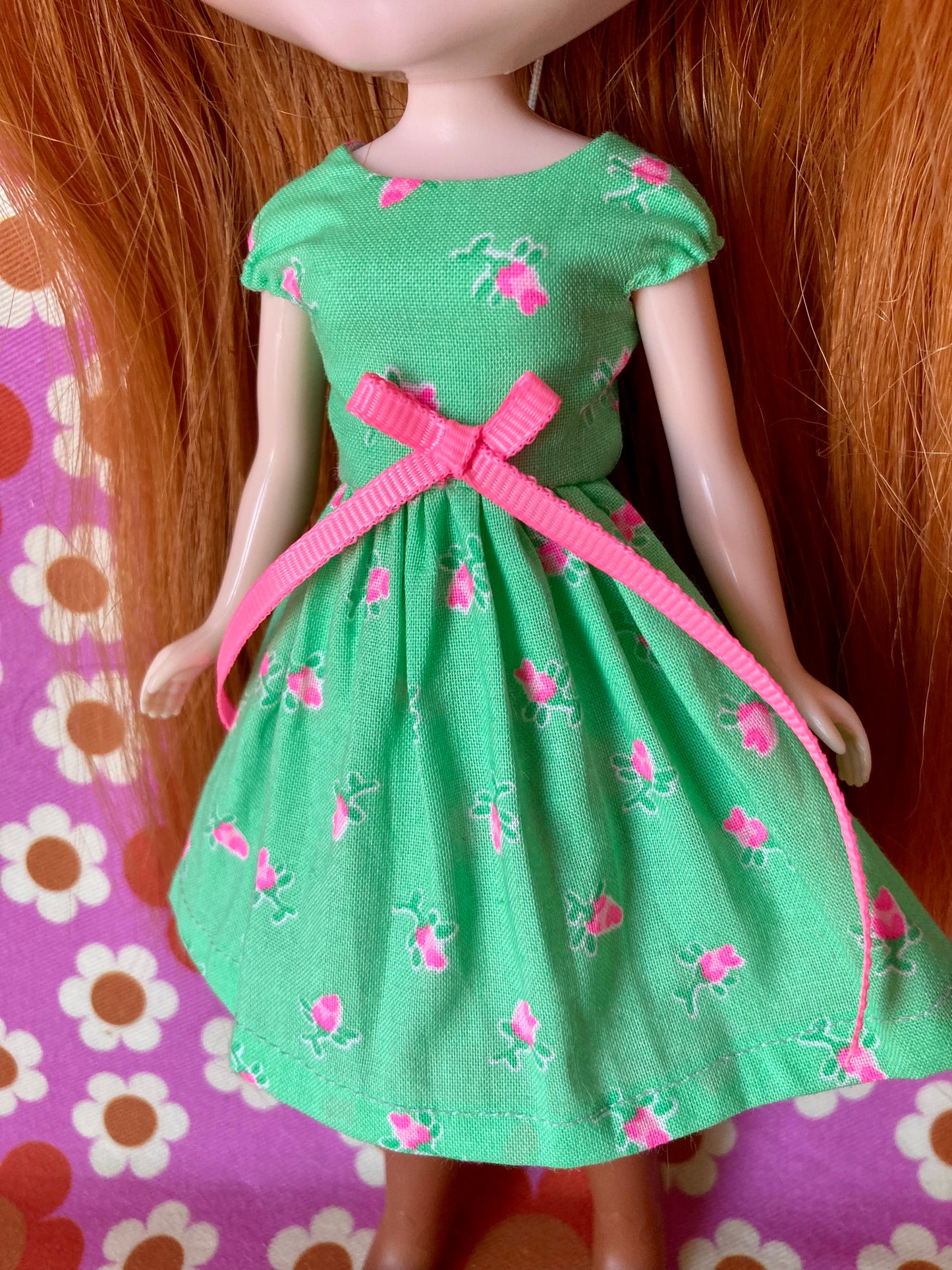 Green Neon Rosebud Cap Sleeve Dress for Blythe Doll