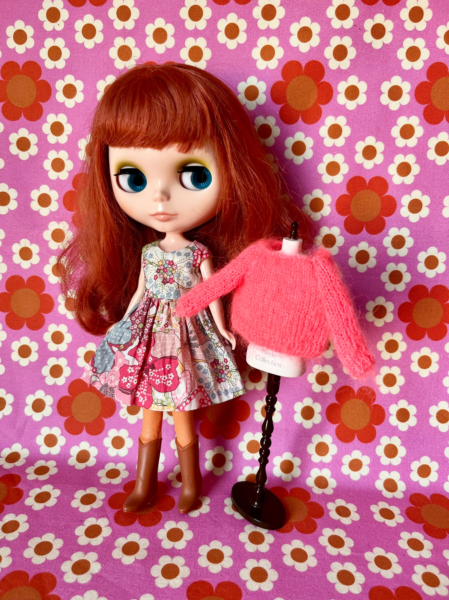 Liberty Print Dress & Reversible Mohair Cardigan for Blythe Doll