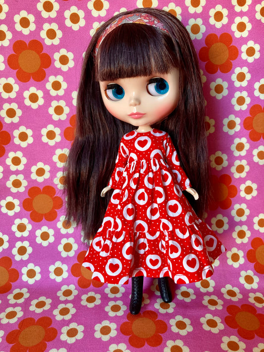 Long Red Heart Print Dress for Blythe Doll