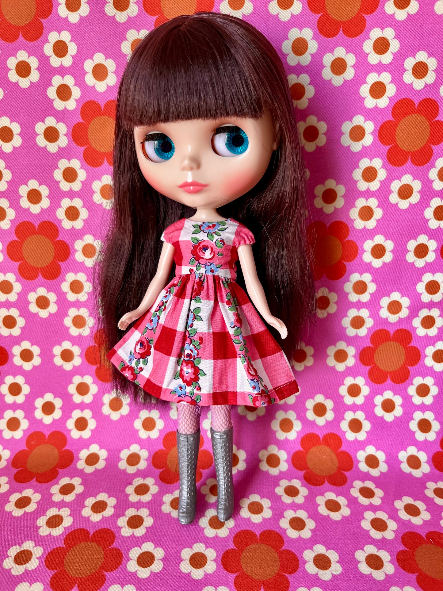 Gingham Floral Stripe Valentine Cap Sleeve Dress for Blythe Doll