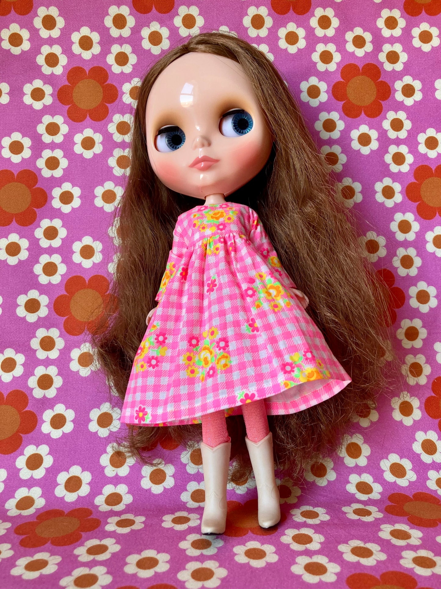 Pink Gingham Long Sleeve Dress for Blythe Doll