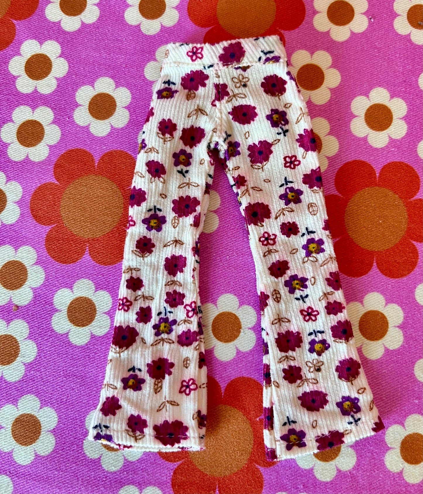 Cream Floral Flared Jeans Corduroy Trousers for Blythe Doll