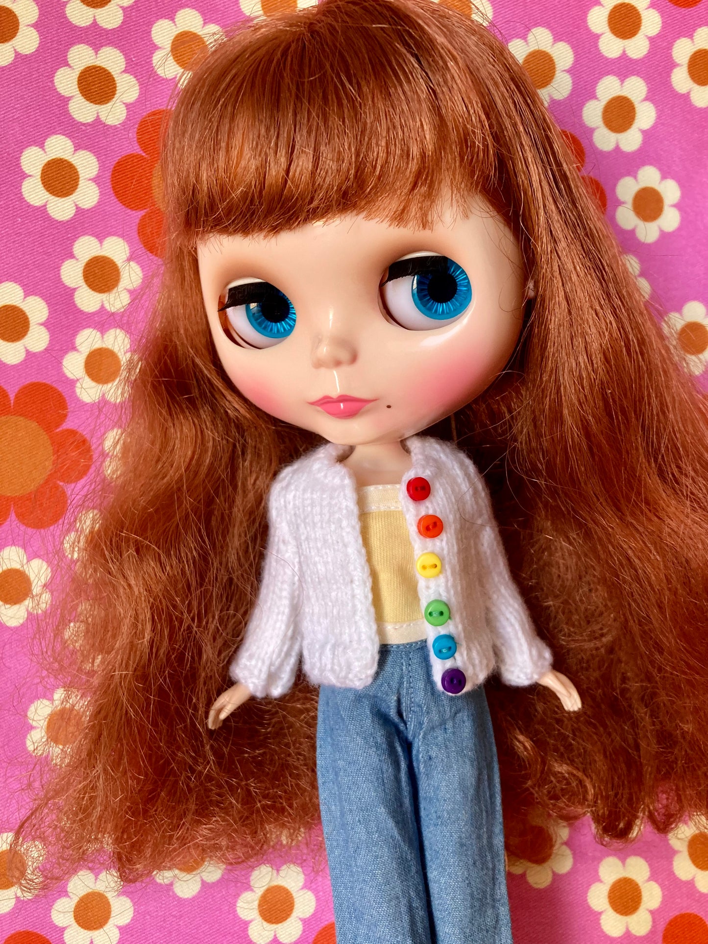 Knitted Cardigan with Rainbow Buttons for Blythe Doll.