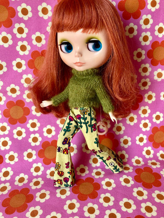 Retro print Corduroy Flared Trousers & Mohair Sweater Set for Blythe Doll