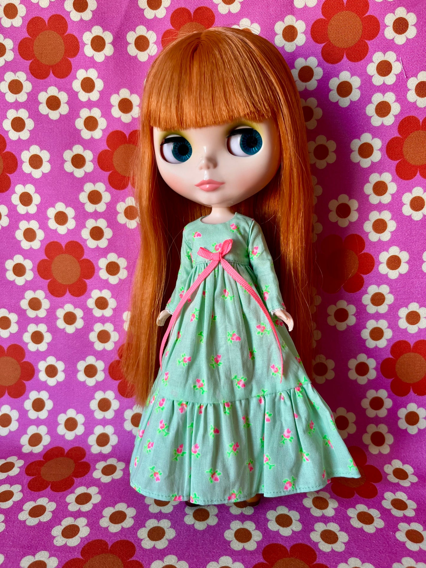Long Neon Rosebud Print Dress for Blythe Doll
