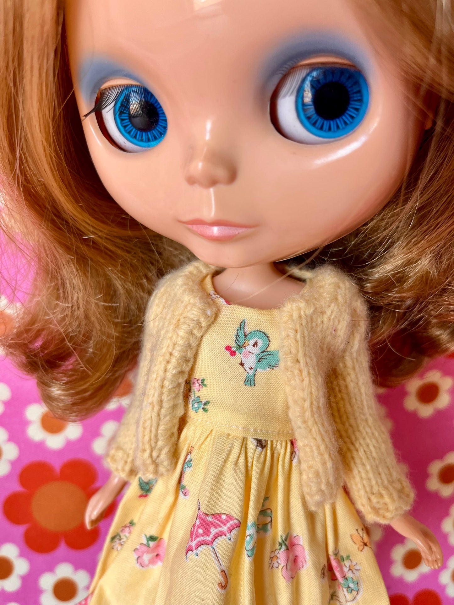 Japanese Print Cap Sleeve Dress & Knitted Cardigan for Blythe Doll