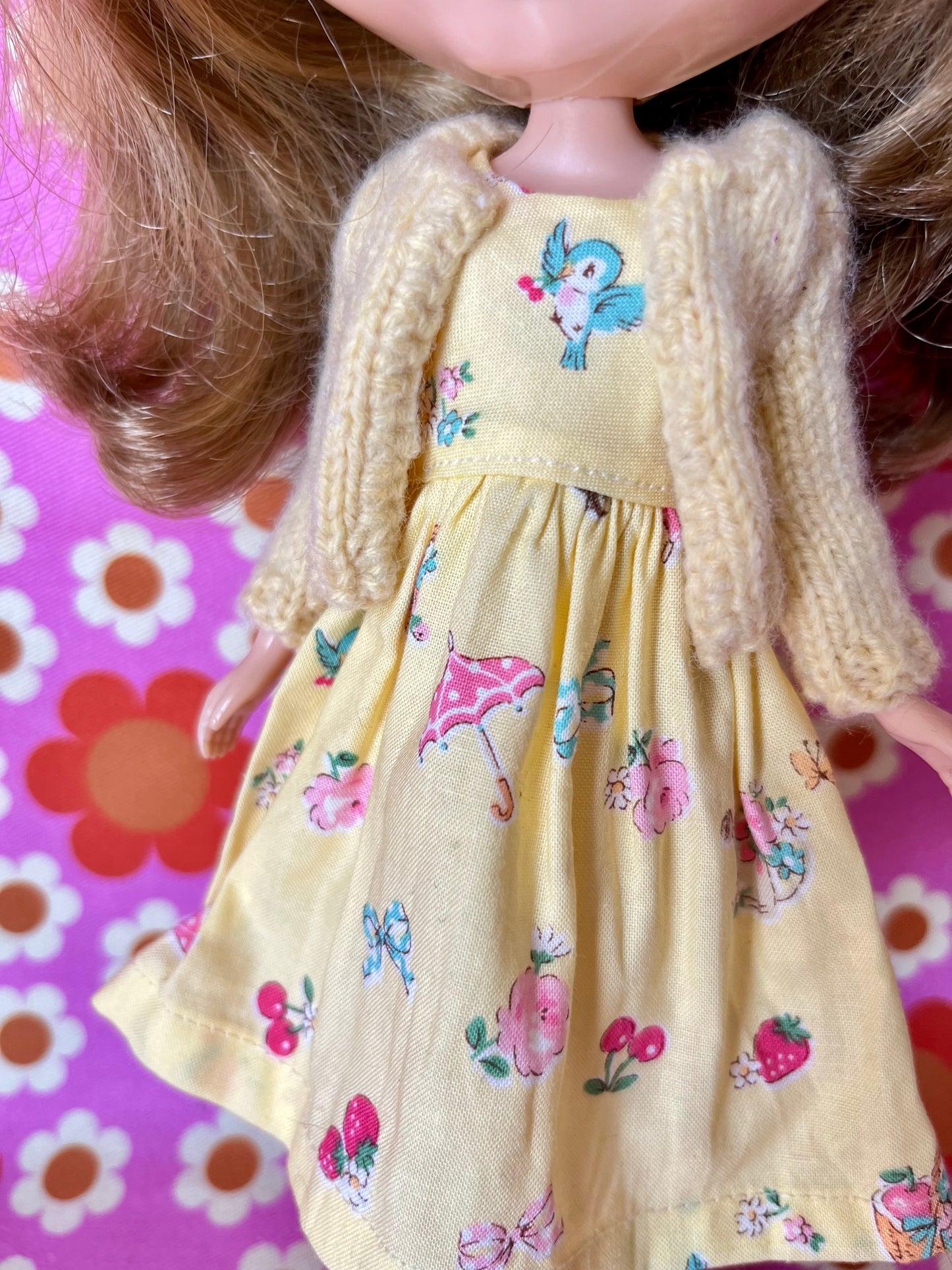 Japanese Print Cap Sleeve Dress & Knitted Cardigan for Blythe Doll