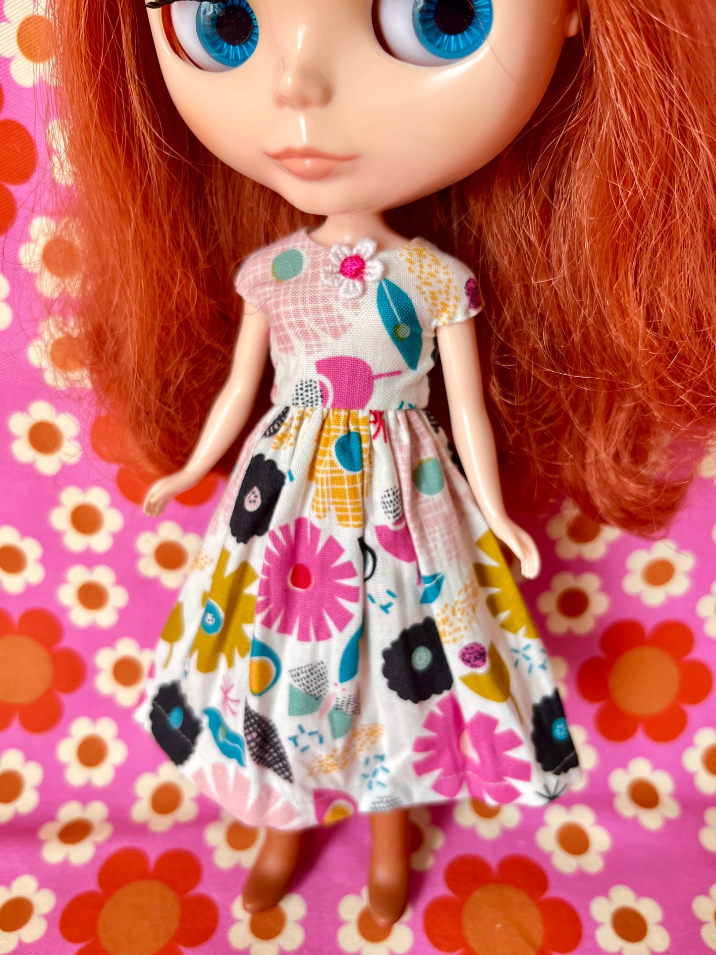 50s Flowers Summer Cap Sleeve Dress for Blythe Doll