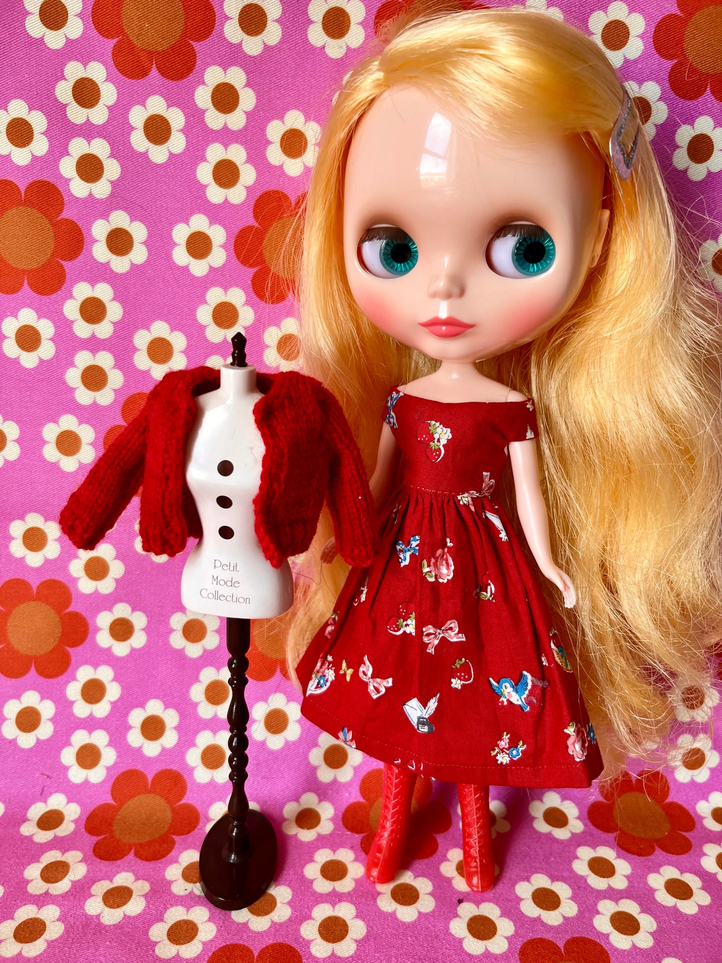 Japanese Print Cap Sleeve Dress & Knitted Cardigan for Blythe Doll