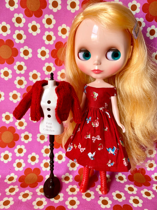 Japanese Print Cap Sleeve Dress & Knitted Cardigan for Blythe Doll