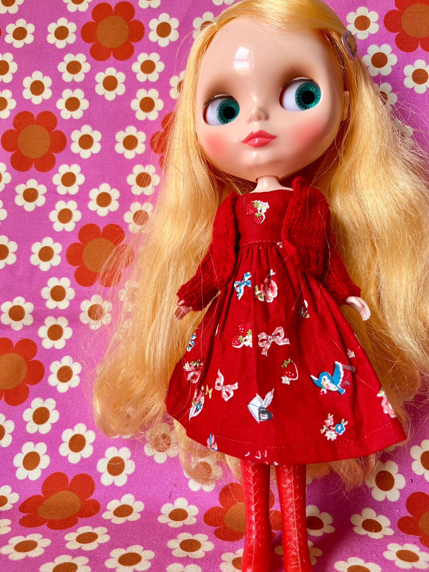 Japanese Print Cap Sleeve Dress & Knitted Cardigan for Blythe Doll