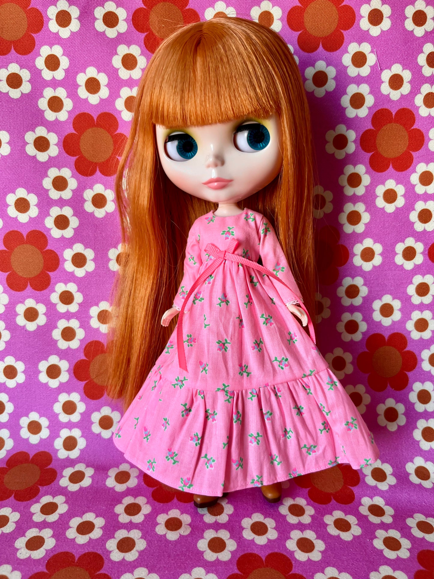 Long Neon Rosebud Print Dress for Blythe Doll