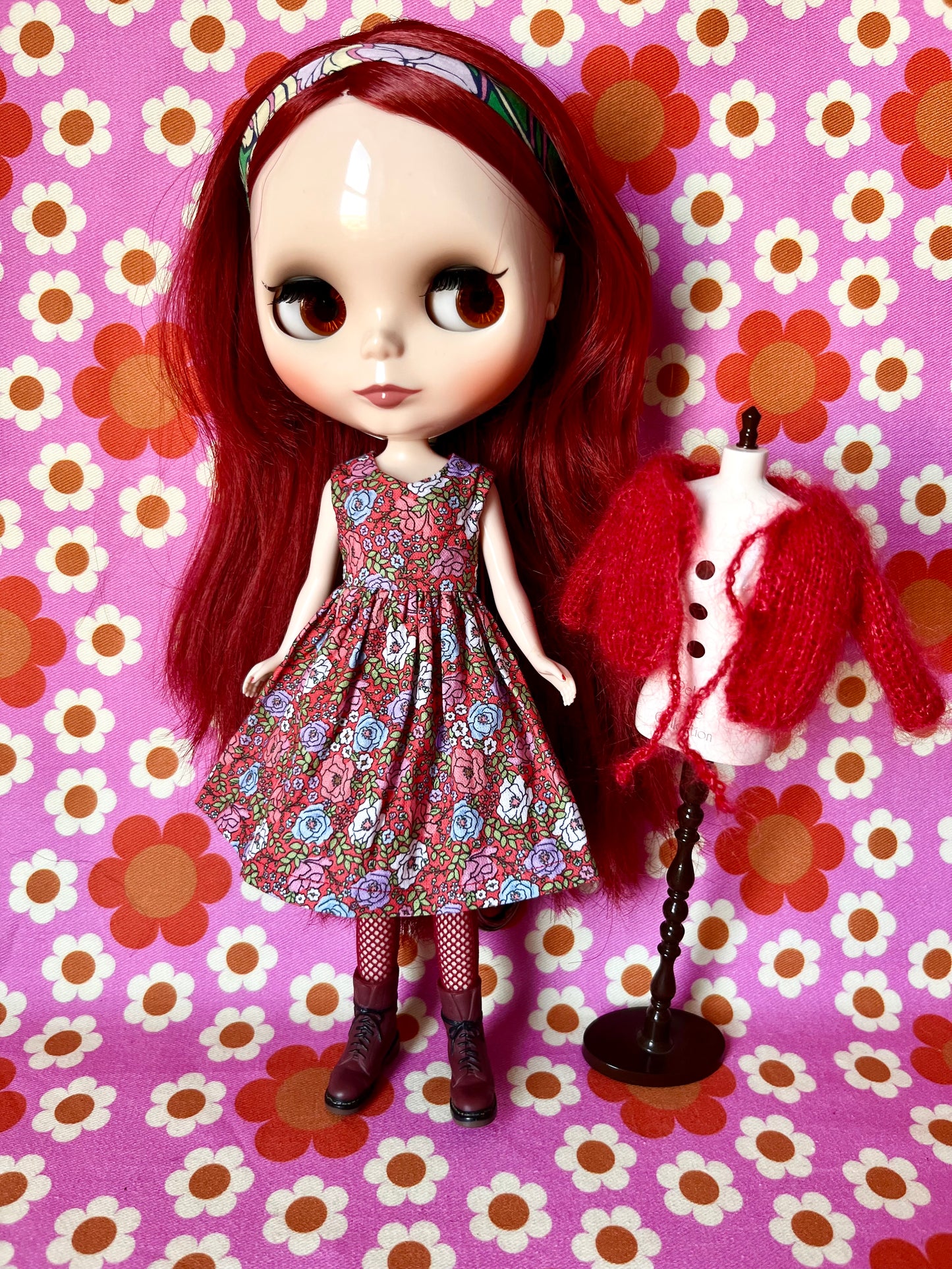 Red Ditsy Print Dress & Reversible Mohair Cardigan for Blythe Doll