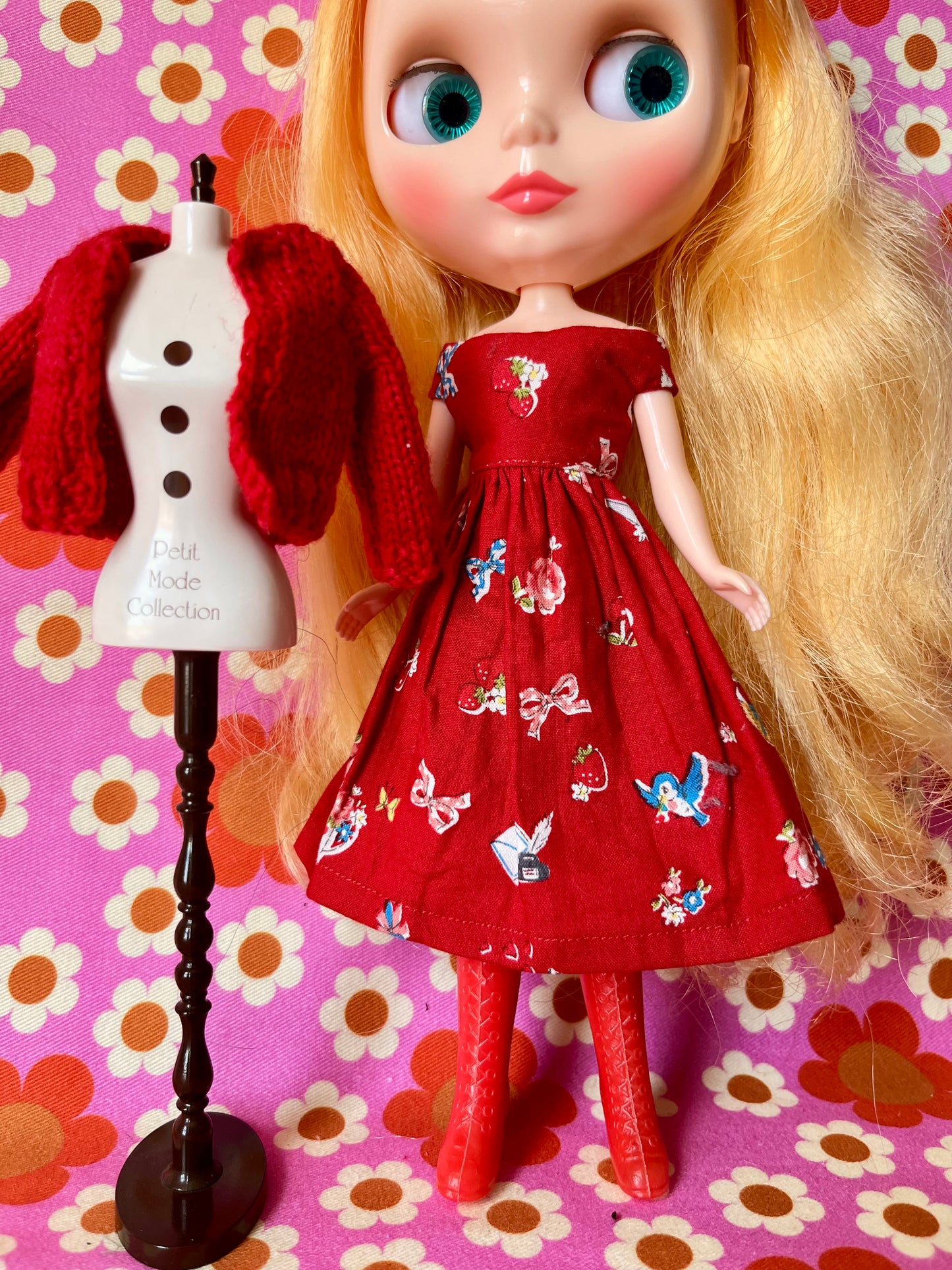 Japanese Print Cap Sleeve Dress & Knitted Cardigan for Blythe Doll