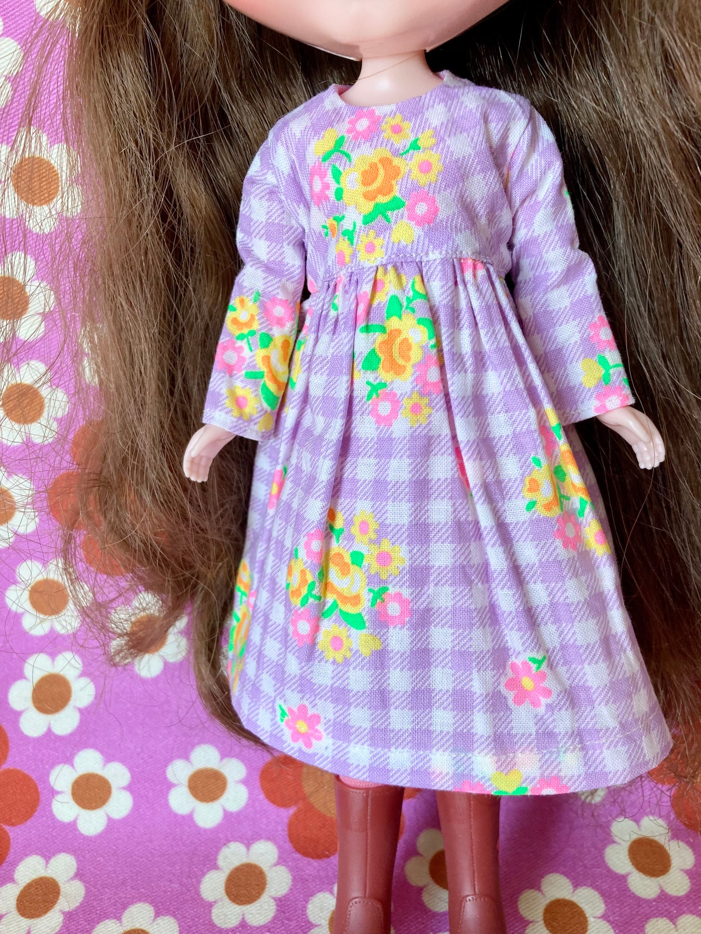 Purple Gingham Long Sleeve Dress for Blythe Doll