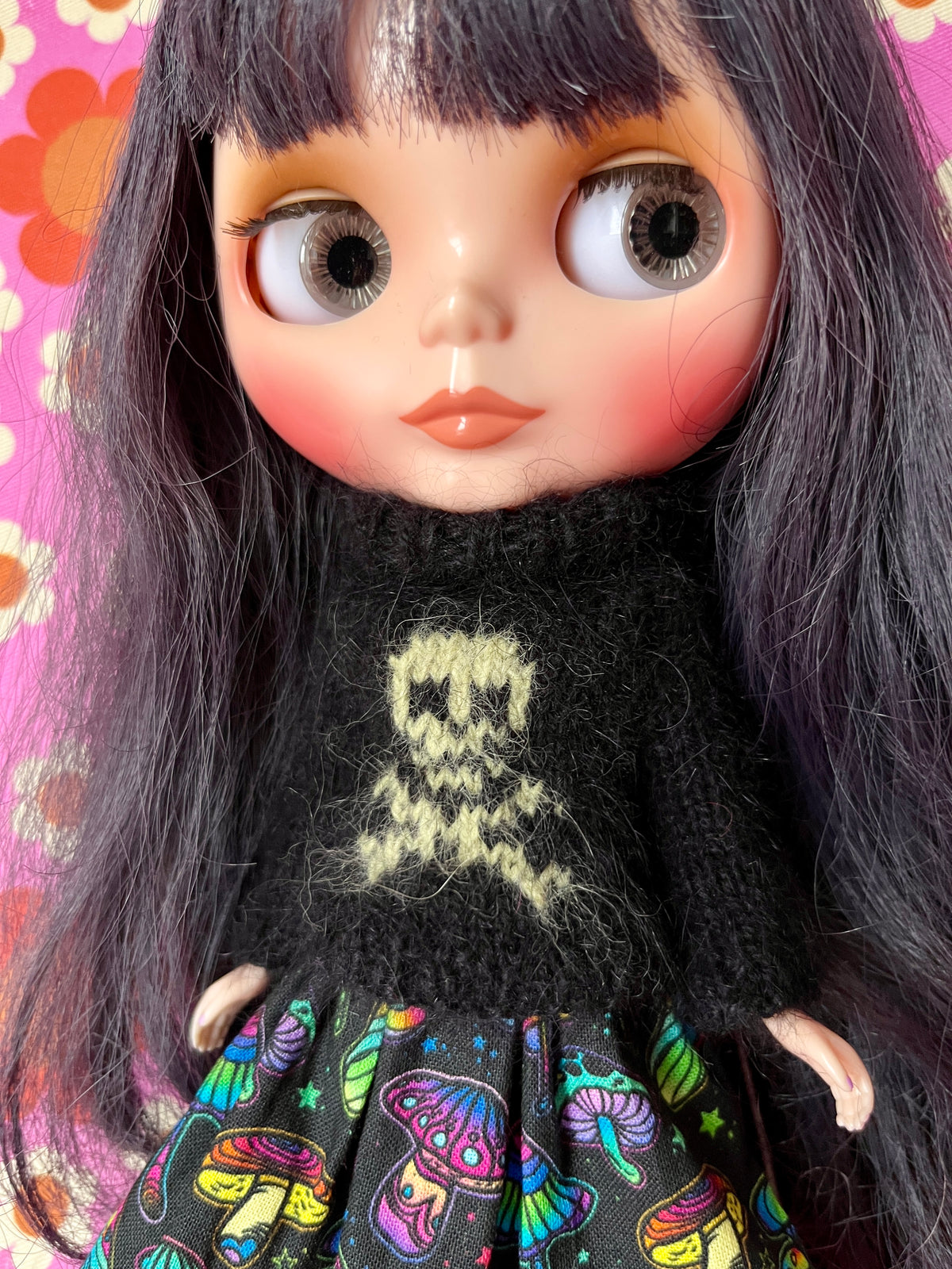 Halloween Fluffy Black Sweater Green Skull
