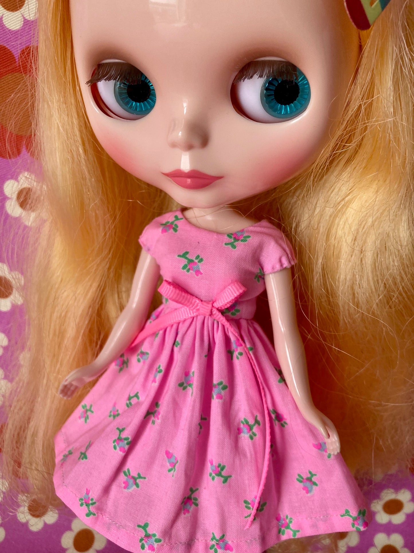 Pink Neon Rosebud Cap Sleeve Dress for Blythe Doll